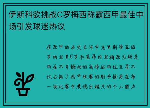 伊斯科欲挑战C罗梅西称霸西甲最佳中场引发球迷热议